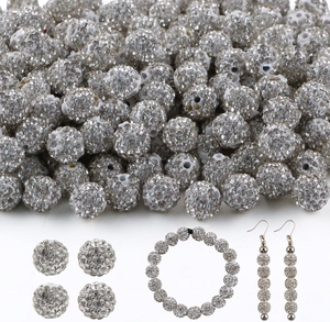 lot 63247 image: 120Pcs 10mm Rhinestone Beads for Jewelry Making, White Round Sparkly Clay Crystal Disco Ball Beads for Necklace Bracelet and DIY Crafts - Retail $0