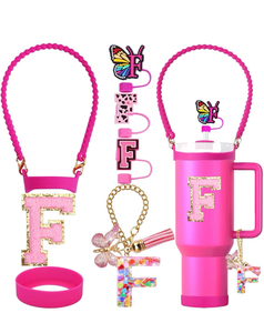 lot 63248 image: Accessories Set for Stanley Cup, 0.4 IN Letter Straw Cover, Silicone Bottle Handle, Boot for Stanley 30&40 Oz, Initial Charm & Sticker (Letter F, Rose) - Retail $0
