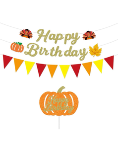 lot 63250 image: Glitter Happy Birthday Banner with Turkeys, Pumpkins, Pre Strung Cardstock, with Cake Topper Banner for Autumn Thanksgiving Birthdays Party Decoration - Retail $0