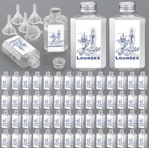 lot 63254 image: Chuangdi 50 Pcs Holy Empty Water Bottles with 5 Pcs Funnels 2 oz Our Lady of Bottles Holy Empty Plastic Water Container for Catholic Christian Church Communion Wedding Gift Baptism Favors 60ml - Retail $0