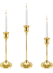 lot 63255 image: Candlestick Holders Set of 3 �� Taper Candle Holders in 3 Sizes, Elegant Vintage-Modern BrassAluminum Candle Stick Holders for Home Decor, Weddings, Parties, Dining Table & Fireplace - Retail $0