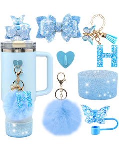 lot 63263 image: 6Pcs Blue Stanley Cup Accessories Set - Butterfly Straw Topper Cover Cap, Bling Bow for Straw, Sparkly Silicone Boot, Letter Charm and Pompom for Stanley Cups Tumbler 40Oz 30Oz 20Oz H - Retail $0