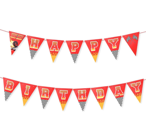 lot 63266 image: 2pcs Race Car Happy Birthday Banner, Pre-Strung Racing Themed Party Garland Decorations, Checkered Triangle Flag Pennant Sign for Boys Kids Birthday Party Supplies - Retail $0