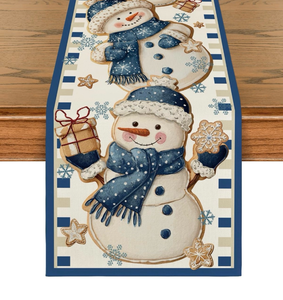 lot 63280 image: Artoid Mode Blue Snowman Xmas Gift Snowflake 210 GSM Winter Table Runner, Seasonal Christmas Kitchen Dining Table Decoration for Home Party Decor 13x120 Inch - Retail $0