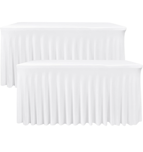lot 63285 image: Nasitos White Table Skirt for 8 Foot Rectangle Tables, 2 Pack - 96 x 30 Inch - Stretch Spandex Fitted Table Clothes, Fabric Table Covers Cocktail Tablecloths for Party, Banquet, Birthday - Retail $0