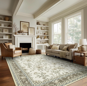 lot 63290 image: Neutral Beige Floral Area Rugs 6x9 Living Room, Taupe with Beige Tan Flower Design Low-Pile Washable Rugs for Bedroom Dining Room, Vintage Modern Farmhouse Boho Indoor Floor Carpet Kids Playroom - Retail $0