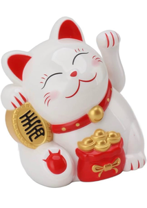 lot 63291 image: Lucky Cat Waving Arm Fortune Cat 11 Chinese Ceramic Maneki Neko Auto Swing Arm Feng Shui Wealth Decor for HomeOfficeShop Decorative Gift for Good Luck & Prosperity Battery Not Included - Retail $0