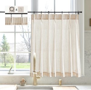 lot 63293 image: LIMON HOME Beige Striped Linen Kitchen Curtains 36 W x 36 L Pinch Pleat Cafe Curtains 1 Panels - Retail $0