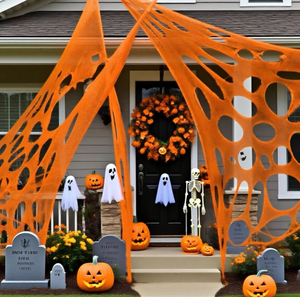 lot 63294 image: Halloween Spider Webs Decoration Outdoor, Stretchy Beef Netting Spooky Spider Webs Decorations with Ground Stakes for Halloween Party Haunted House Indoor and Outdoor (Orange) - Retail $0