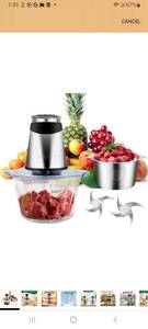 lot 62139 image: BUMET Electric food processor vegetable chopper 500W 2x8cup bowls 2 bi-layer 4 blades Small Food chopper ideal as Electric Meat grinder for home use,Mincing,chopping for kitchen aid,baby foot,pet food - Retail $0