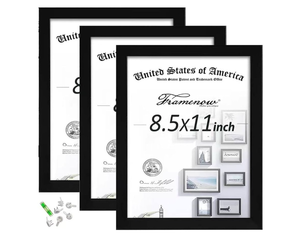 lot 11757 image: 8.5x11 Picture Frames Set of 3, Shatter-Resistant Glass Display Certificate or Pictures 8.5 by 11,To Wall and Tabletop Mounting, black - Retail $0