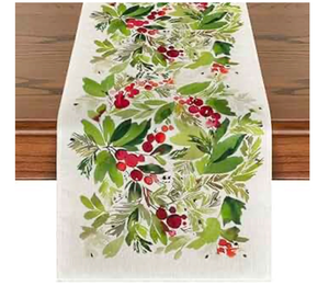 lot 62179 image: Artoid Mode Watercolor Holly Christmas Table Runner, Seasonal Winter Xmas Holiday Kitchen Dining Table Decoration for Indoor Outdoor Home Party Decor 13 x 72 Inch - Retail $0