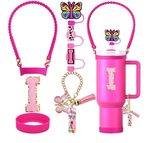 lot 62180 image: Accessories Set for Stanley Cup, 0.4 IN Letter Straw Cover, Silicone Bottle Handle, Boot for Stanley 30&40 Oz, Initial Charm & Sticker (Letter I, Rose) - Retail $0