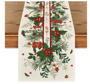 lot 62181 image: Artoid Mode Holly Pine Cone Leaves Floral Christmas Table Runner, Seasonal Winter Kitchen Dining Table Decoration for Home Party Decor 13x72 Inch - Retail $0