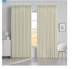 lot 62196 image: MAIHER Sunblock Extra Wide Pinch Pleat Curtains, Ceiling to Floor long Living Room, Bedroom - 1 Panel (Beige, 84 W x 108 L) - Retail $0