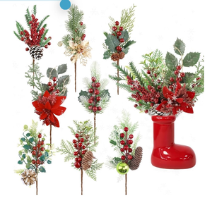 lot 11761 image: Artificial Christmas Picks 8 Pack Red Berries Stems Evergreen Faux Pine Branches Christmas Picks Spray Pine Cones Holly Leaves for Winter Holiday DIY Craft Garland Wreath Ornament - Retail $0