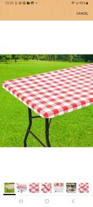 lot 20145 image: Smiry Rectangle Picnic Table Cloth, Elastic Waterproof Fitted Vinyl Tablecloths, Flannel Backed Buffalo Plaid Table Covers for Dining, Camping, Outdoor (GREEN and WHITE 36 x 72) - Retail $0