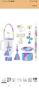 lot 20147 image: Initial Stanley Cup Accessories Set for 40Oz 30Oz 20Oz - Teen Girls Gifts Tumbler Cup Decorations with Handle, Rainbow Straw Topper, Flower Charms, Silicone Boot and Letter Stickers  - Retail $0