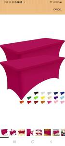 lot 20154 image: Smiry 2 Pack Spandex Table Cloth 4FT, Elastic Fitted Stretch Tablecloths for Rectangle Tables, Washable Table Cover for Outdoor, Wedding, Banquet & Parties (Fuchsia, 48Lx30Wx30H Inch) - Retail $0