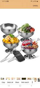 lot 23131 image: Homoyoyo Stainless Steel Ice Cream Bowls Set of 4 with Forks, Silver Dessert Cups for Sundae Gelato Fruit Salad, Footed Ice Cream Cups Keep Desserts Colder Longer, Small Metal Bowls for Home Parties - Retail $0