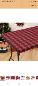 lot 23265 image: Rectangle Vinyl Table Cloth, Waterproof Elastic Fitted Tablecloth with Flannel Backing, Plastic Table Cover for Picnic, Camping, Outdoor (Black & Red, 30x72) - Retail $0