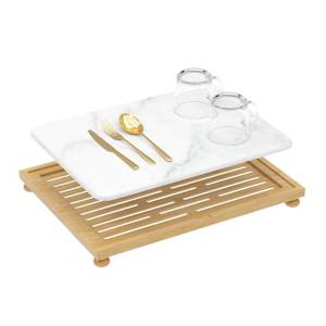 lot 23266 image: Golener Stone Drying Mat for Kitchen Counter, Dish Drying Pad with Bamboo Rack, Super Absorbent Diatomaceous Earth and Drying Rack, Multi-purpose Quick Drying Mat Rack for Kitchen,16x12,Marble White - Retail $30