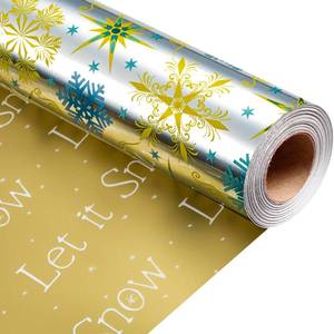 lot 23285 image: Flyhill Reversible Christmas Wrapping Paper Roll-17 Inch X 33 Feet -Metallic Shiny Foil Blue Snowflake Star with Yellow Let it Snow Gift Wrap for Chrsitmas, Holiday, Party,Celebration - Retail $14