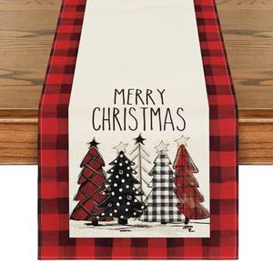 lot 23322 image: Artoid Mode Watercolor Red and Black Buffalo Plaid Christmas Trees Merry Xmas Table Runner, Seasonal Winter Holiday Kitchen Dining Table Decoration for Indoor Outdoor Home Party Decor 13 x 60 Inch - Retail $12