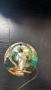 lot 33259 image: Jesus Stained Glass Style Round Ceramic Ornament - Retail $8
