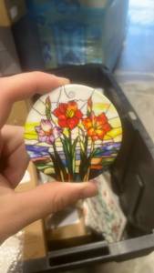 lot 22149 image: Round Stained Glass Style Floral Ceramic Ornament