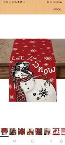 lot 22214 image: OTOSTAR Snowman Snowflake Red Christmas Table Runner, Let it Snow Winter Xmas Holiday Farmhouse Kitchen Dining Table Decoration for Indoor Outdoor Home Party 13x60 Inch
