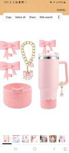 lot 22219 image: Cup Accessories Set for Stanley,Including 2Pcs Cute Bow Straw Cover Caps 10mm Reusable Straw Toppers,1Pcs Silicone Boot Sleeve and 1Pcs Handle Charm for Stanley Tumbler 30&40oz,Pink