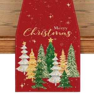 lot 1004 image: Artoid Mode Xmas Trees Merry Christmas Table Runner, Seasonal Winter Red Kitchen Dining Table Decoration for Home Party Decor 13x60 Inch