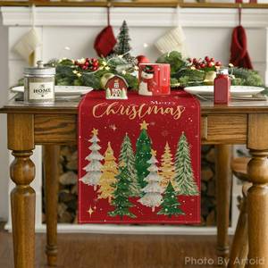 Artoid Mode Xmas Trees Merry Christmas Table Runner, Seasonal Winter Red Kitchen Dining Table Decoration for Home Party Decor 13x60 Inch