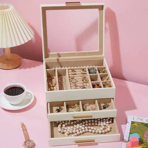 lot 1010 image: COBOXOY 3 -Layer Jewelry Box with Glass Lid, 2 Drawers Jewelry Organizer for Big and Small Jewelry Storage, Gifts for Women, Girls, Mom, Birthday (White)