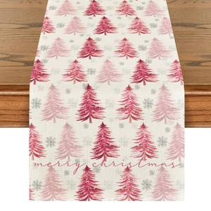 lot 1014 image: Artoid Mode Xmas Trees Snowflake Christmas Table Runner, Seasonal Winter Pink Kitchen Dining Table Decoration for Home Party Decor 13x36 Inch