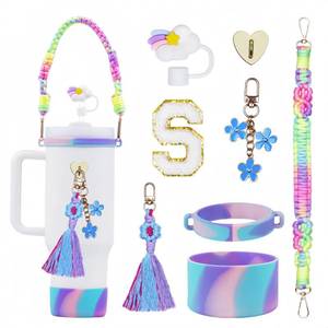 lot 1015 image: Rabrgab 8Pcs Initial Stanley Cup Accessories Set for 40Oz 30Oz 20Oz - Teen Girls Gifts Tumbler Cup Decorations with Handle, Rainbow Straw Topper, Flower Charms, Silicone Boot and Letter Stickers C