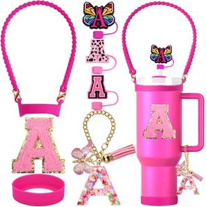 lot 1017 image: ZYBIDEAL Accessories Set for Stanley Cup, 0.4 IN Letter Straw Cover, Silicone Bottle Handle, Boot for Stanley 30&40 Oz, Initial Charm & Sticker (Letter N, Rose)