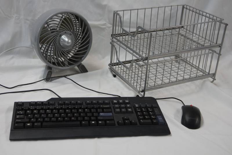 lot 382 image: Office Lot  Fan, Keyboard, Mouse, and Metal Storage Basket