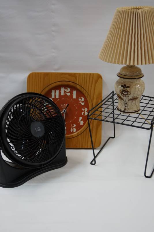 lot 421 image: Office Lot  Fan, Lamp, Clock & Small Shelf