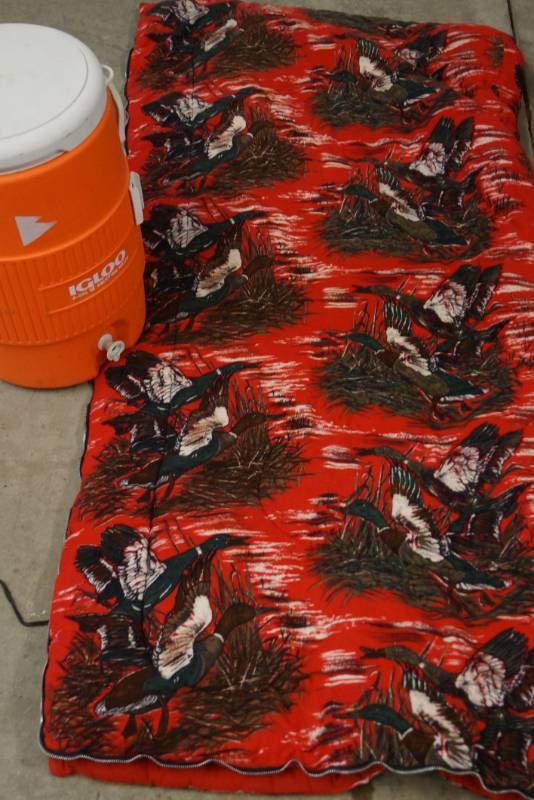 lot 482 image: Water Cooler and Vintage Sleeping Bag-  Camping Starter Kit