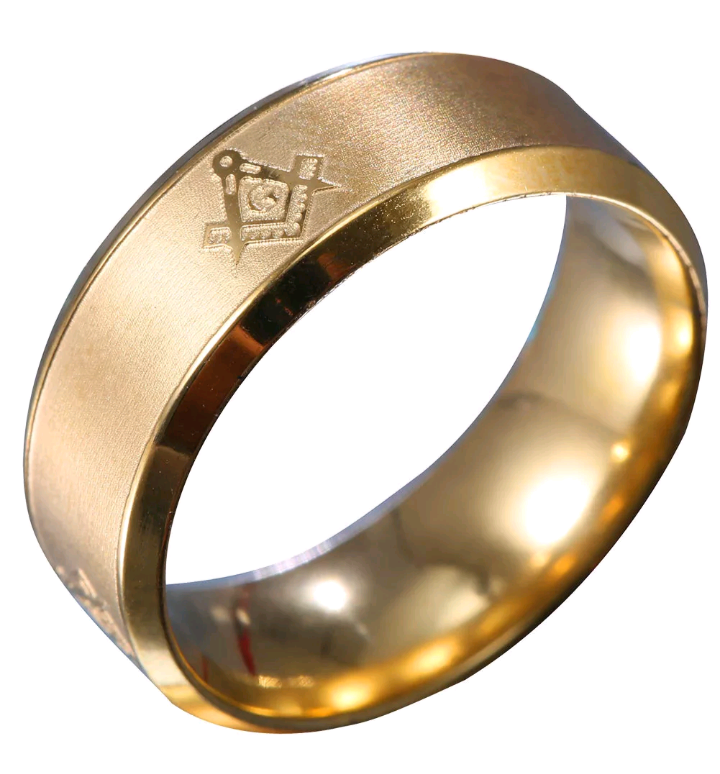 lot 634 image: Masonic  Brushed Stainless Steel Gold Ring  Size 10