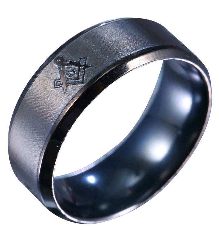 lot 632 image:  Black Masonic Brushed Stainless Steel Ring Size 10 
