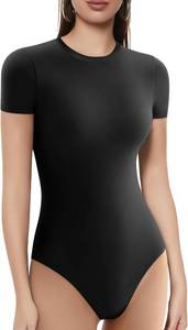 lot 1032 image: Cyanstyle Womens Summer Sexy Short Sleeve Crew Neck Double Lined Going Out Cute Thong Bodysuit Tops Black Medium