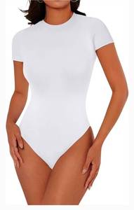 lot 1056 image: Cyanstyle Womens Sexy Crew Neck Short Sleeve Double Lined Slimming 2024 Trendy Going Out Bodysuits Tops White Medium