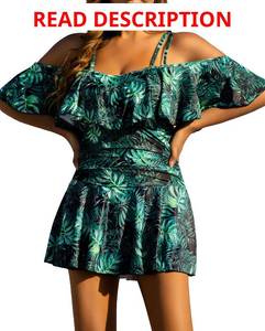lot 1058 image: COCOPEAR One Piece Swimsuit Women Plus Size Bathing Suit Off Shoulder Tummy Control Swim Dress Green with Pink flowers 2XL