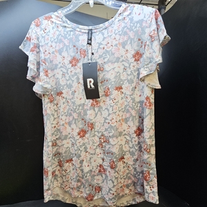 lot 1068 image: PrinStory Womens Ruffle Tops Summer Casual Short Sleeves Knit Shirts Round Neck Tunic Top. Gray with flowers Medium