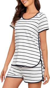lot 1070 image: FKEEP Stripe Pajamas Set Women Two-Piece Nightwear Short Sleeve Sleepwear Soft Side Split Loungewear Pjs Sets White with Black stripes Large