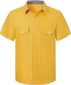lot 1071 image: SANGTREE Mens 100% Cotton Casual Short Sleeve Button Down Shirts  100% Cotton,Two Pockets Design. Yellow Medium