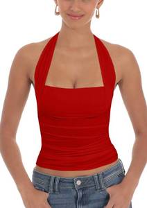 lot 1073 image: GOBLES Womens Sexy Sleeveless Square Neck Going Out Top Strappy Tie Slim Fit Cute Crop Top Red Large